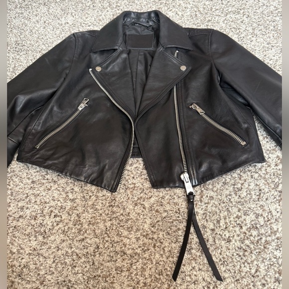 All Saints DALBY CROPPED LEATHER BIKER JACKET - Picture 7 of 8